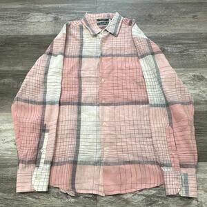 Cubavera Windowpane Plaid Pink Mens M Patterned 100% Linen Button Up‎ Shirt